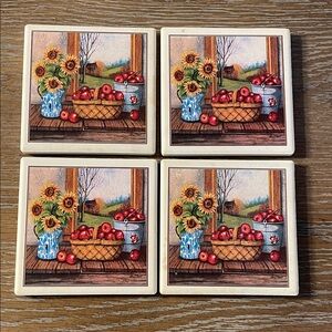 Sunflower & Apple Ceramic Coaster Set - 4 Pieces
